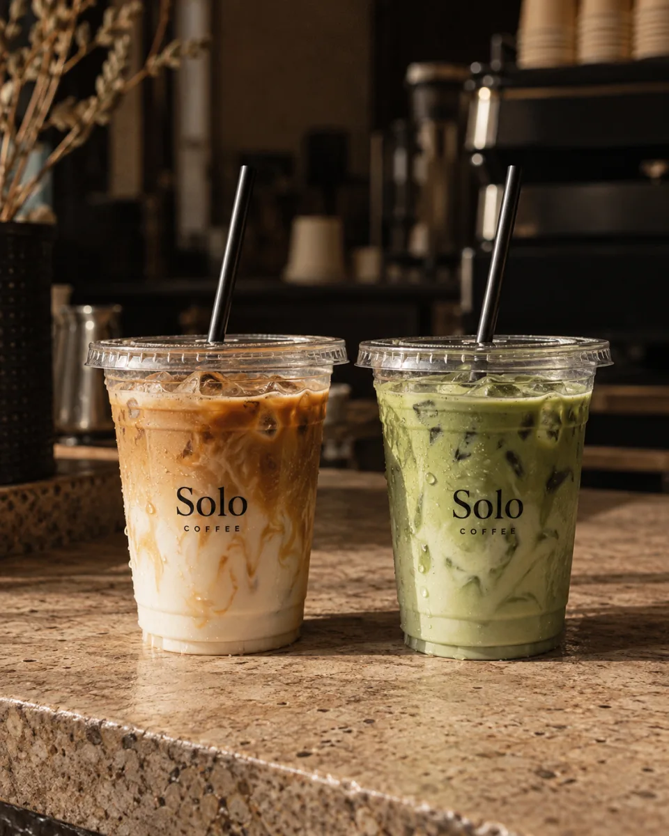Iced coffee and matcha in takeaway cups — AI campaign image