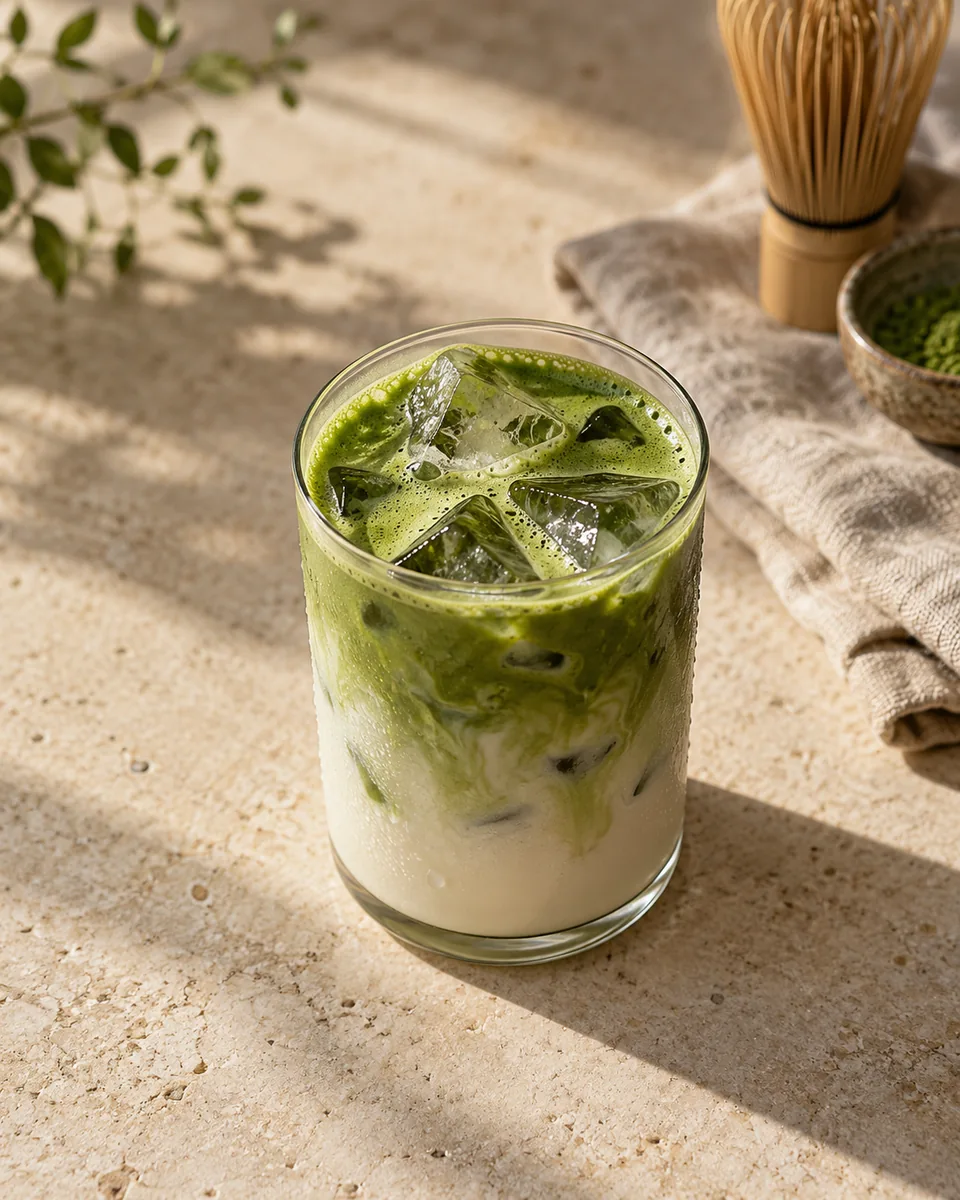 Iced matcha latte in a clear glass on a stone counter — generated image