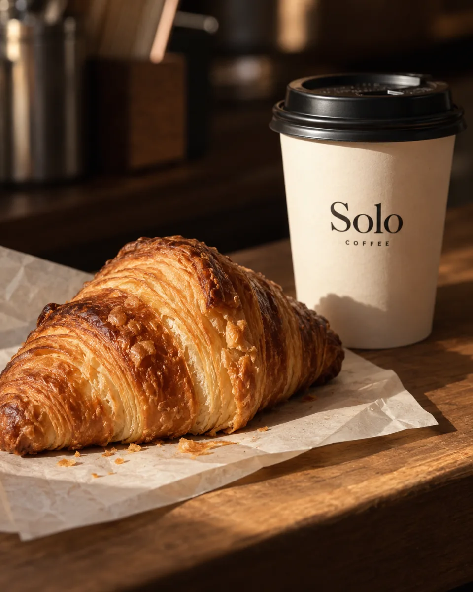 Golden croissant beside a cream takeaway coffee cup — generated image